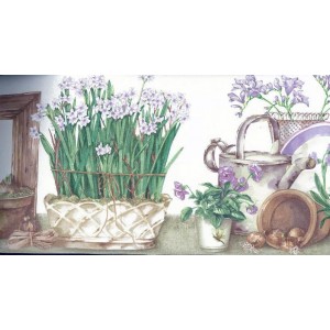 White Lilac Flower Pots Wallpaper Border