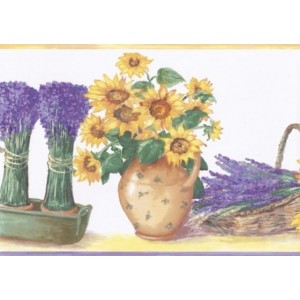 Yellow White Purple Flower Pots Wallpaper Border