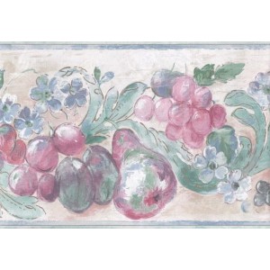 Teal Cream Red Apples Grapes Floral Wallpaper Border