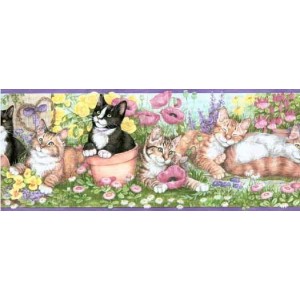 Purple Kittens And Flowers Wallpaper Border