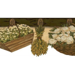 Brown and Beige Floral Baskets Wallpaper Border